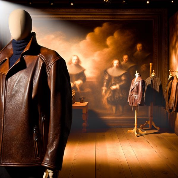 Stijlvolle figuur in leren jack staat zelfverzekerd in een luxe mode-setting, verlicht door chiaroscuro.