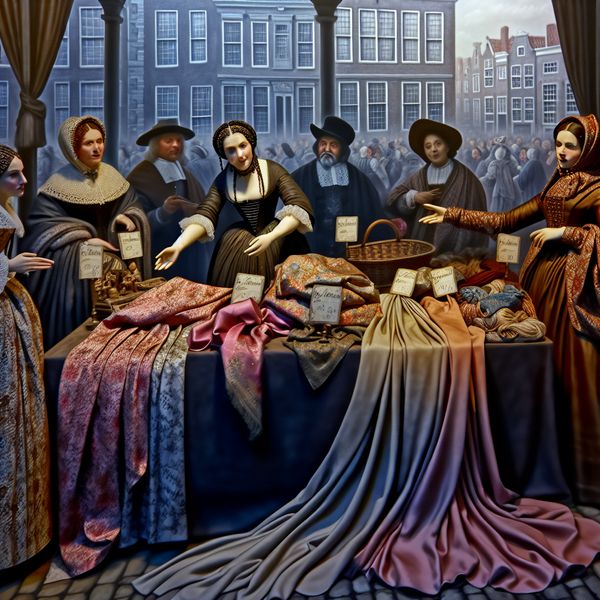 Luxueuze stoffen op een drukke stadsmarkt met hoge prijzen Detail van een levendige stadsmarkt met een verkoper achter een luxe stoffenstall en klanten die gefascineerd naar de hoge prijzen kijken.