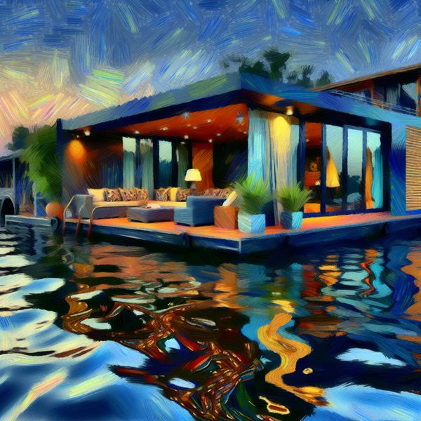 Luxueuze villa-achtige woonboot in een serene haven Luxueuze villawoonboot met grote ramen en uitzicht op het water tijdens zonsondergang