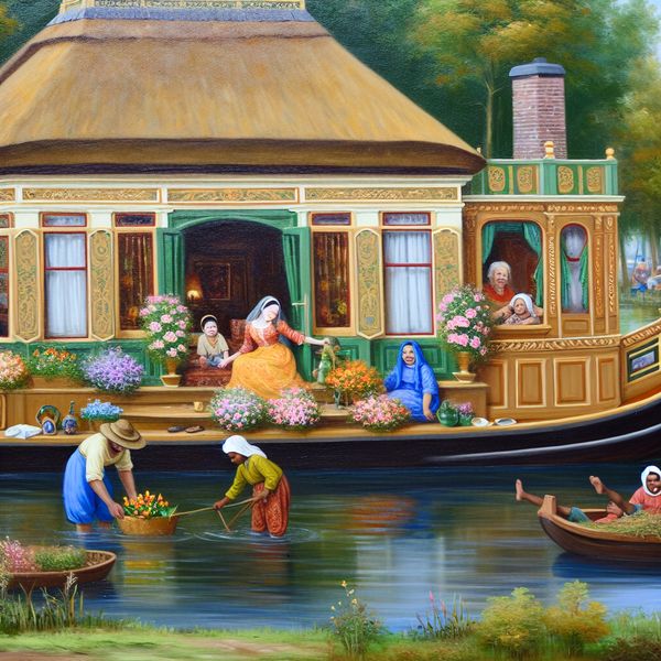 Luxueuze villa op een huisboot met bloeiende tuin Een luxueuze villawoonboot met bloeiende balkons en een tuin, waar een vrolijke familie samen tijd doorbrengt op het water.