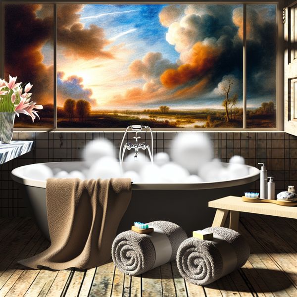 Luxueuze badkamer met persoonlijke verzorging en hygiëne Luxe badkamer met een bubbly bad en verzorgingsproduct inzichten