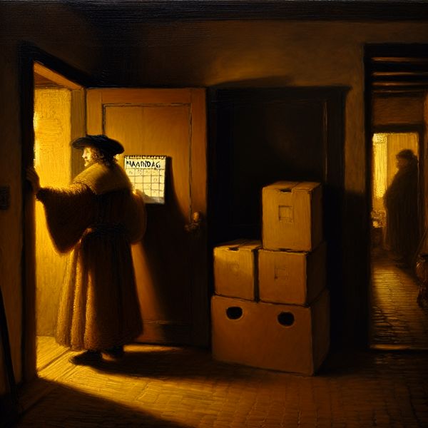 Gedetailleerde Rembrandt-stijl schilderij van een persoon bij een open deur met een kalender waarop 'maandag' is omcirkeld, symboliserend een langverwachte ontmoeting