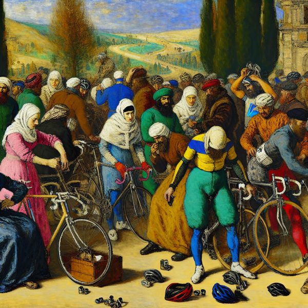 Maandelijkse fietsrit van lokale club Groep fietsers bereidt zich voor op een tocht, in Frans Hals stijl