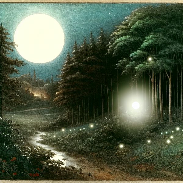 Betoverend bos bij nacht met een heldere volle maan die zilver licht schijnt op bomen en pad, met een mysterieuze glinstering in de verte
