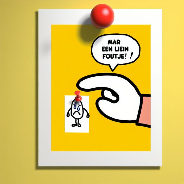 Minimalistische tekening relativering foutje maar een klein foutje Minimalistische illustratie van een klein verdrietig gezichtje met een traan, vastgeprikt aan een gele muur, met een vrolijke hand die een spreekwolk toont met de tekst 'maar een klein foutje!'