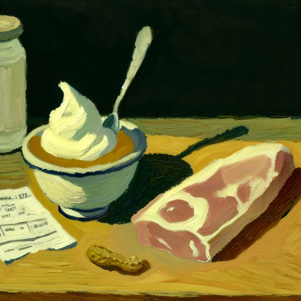 Magere yoghurt en mager vlees stilleven in Van Gogh-stijl voor taalonderwijs Stilleven schilderij in Van Gogh-stijl van magere yoghurt met lepel en mager stuk rauw vlees op houten tafel, met boodschappen op de achtergrond