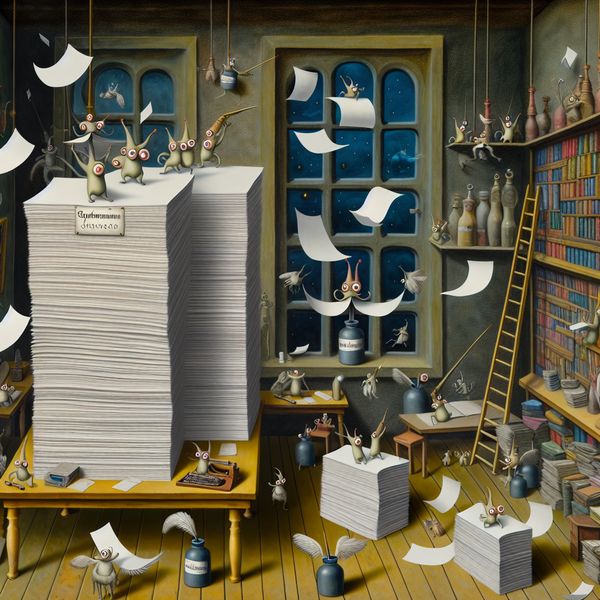 Surrealistische voorstelling van een magische kantoorvoorraadkamer met zwevende pakken papier van 500 vellen, omringd door kleine wezentjes die met linialen meten en vellen lostrekken, in de stijl van Hieronymus Bosch