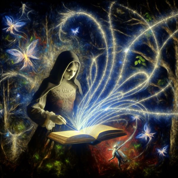 Magisch Toverboek in Betoverd Bos Een jong kind opent een magisch toverboek in een betoverend bos, omringd door kleurrijke magie en mystieke wezens.