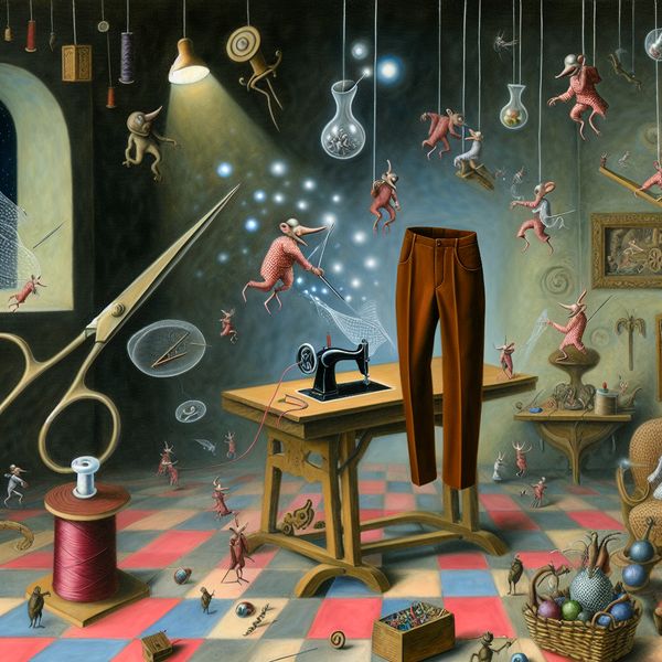 Magische transformatie van een broek: surrealistische illustratie van wijzigen en veranderen Surrealistisch tafereel van een magische kleermakerswerkplaats waar een broek zwevend wordt gewijzigd door kleine wezens met glinsterende gereedschappen, geïnspireerd op Hieronymus Bosch