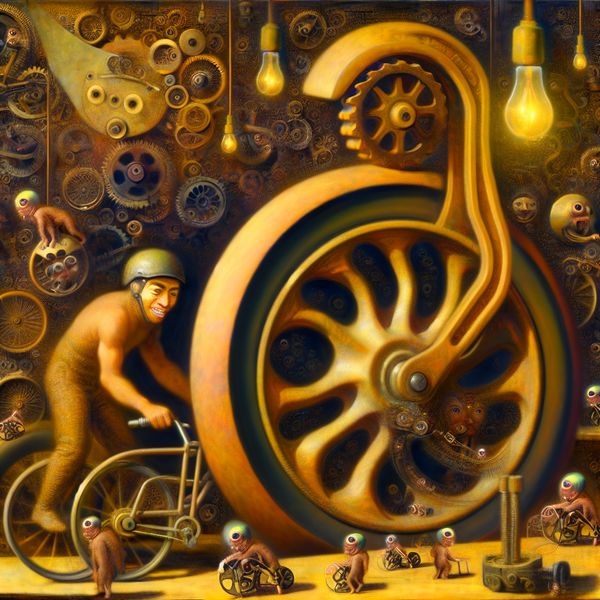 Surrealistisch tafereel van een fietswerkplaats met een magische steeksleutel die een bout vastdraait aan een hybride fiets-auto, omringd door ondeugende wezentjes en zwevende mechanische onderdelen