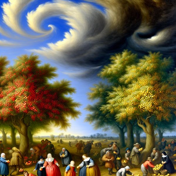 Majestueus landschap met appel- en perenbomen Een landschapsafbeelding met een splitscène van appelbomen vol met rode appels aan de ene kant en perenbomen met gele peren aan de andere kant, kinderen plukken vruchten.