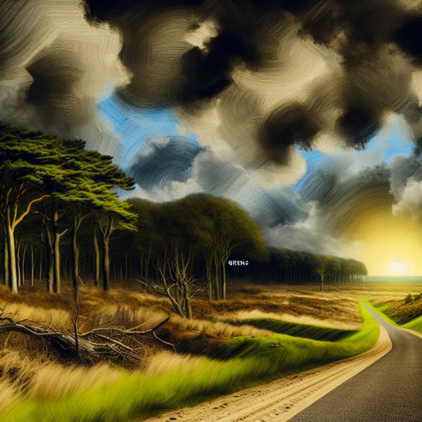 Een majestueus landschap met een kronkelig pad dat naar een donkere, dreigende bos leidt, symboliserend de begrenzing van een reis. De zonlicht vervaagt en de lucht is dramatisch met draaiende wolken.
