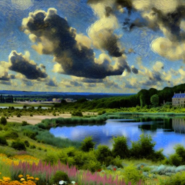 Majestueus landschap in de stijl van Jacob van Ruisdael Schilderij van een majestueus landschap met glooiende heuvels en een serene meer, geïnspireerd door Jacob van Ruisdael.