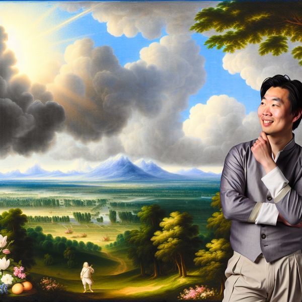 Een persoon staat op een heuveltop en kijkt in de verte naar een prachtige vallei onder een dramatische lucht met wolken.