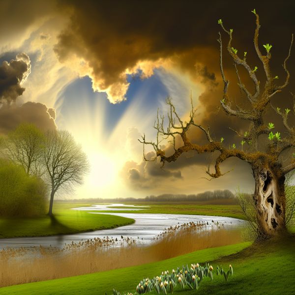 Majestueus Landschap met Tijdssymboliek Majestueus landschap met een groene weide, bloeiende bloemen en een rustige rivier onder een dramatische lucht, symboliseert de passage van de tijd met een oude boom aan de linkerkant.