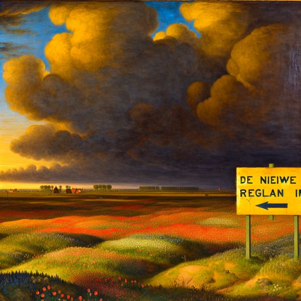 Majestueus landschap met wilde bloemen en nieuwe regelgeving Majestueus landschap met een uitgestrekt veld vol wilde bloemen en een signpost die aankondigt 'Vanaf Morgen', met een boerderij op de achtergrond.