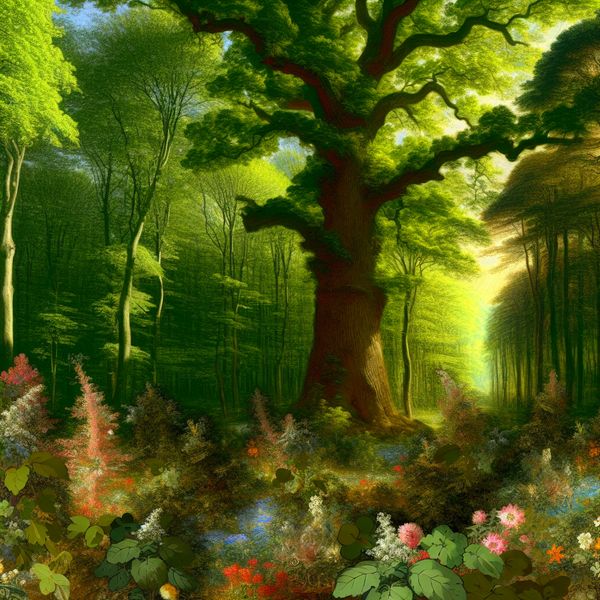 Majestueuze Eik in Zonnig Bos Een majestueuze eik staat trots in een zonnig bos met weelderige groene bladeren en verschillende bosdieren.