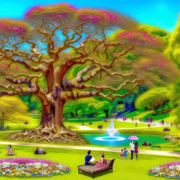 Een majestueuze eikenboom met een enkele stam en uitgestrekte takken in een park vol leven.