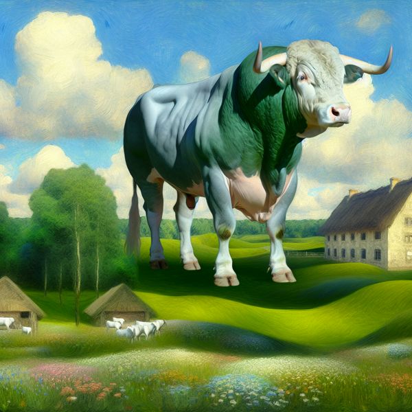 Majestueuze stier op boerderij in groen landschap Een sterke stier in een groene weide op een boerderij, omringd door wilde bloemen.