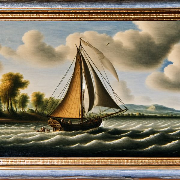Majestueuze zeilscene met zeilboot en scheerlijnen op open water Een majestueuze zeilscene met een zeilboot in beweging op open water, met opgeblazen zeilen en strakke scheerlijnen onder een dramatische lucht.