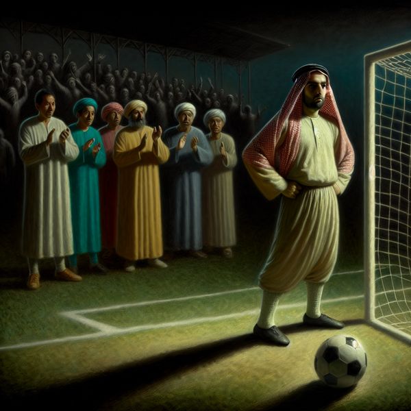 Voetballer met arrogante blik na makkelijk gescoord strafschop in schemerig stadion, Rembrandt-stijl