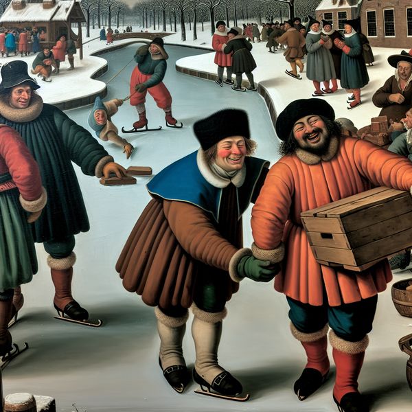 Twee mannen in 17e-eeuwse Nederlandse winterkleding helpen elkaar op een drukbezocht bevroren kanaal, symbool voor vriendschap en kameraadschap