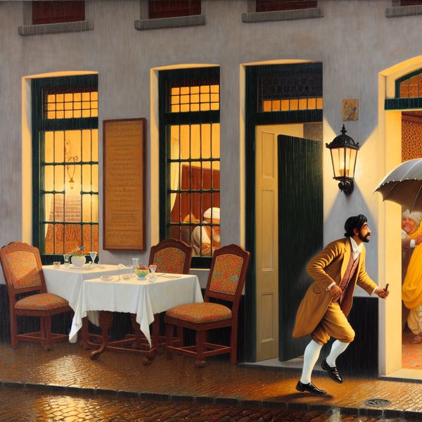 Man binnenkomen in een restaurant tijdens de regen Een man met een paraplu die snel een gezellige restaurant binnenkomt tijdens de regen.