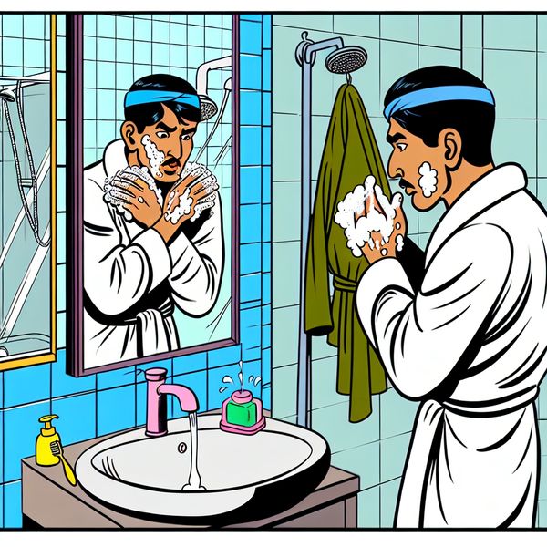 Man die Zichzelf Wast in de Badkamer Een cartoonachtige scène van een man die zichzelf wast in een badkamer