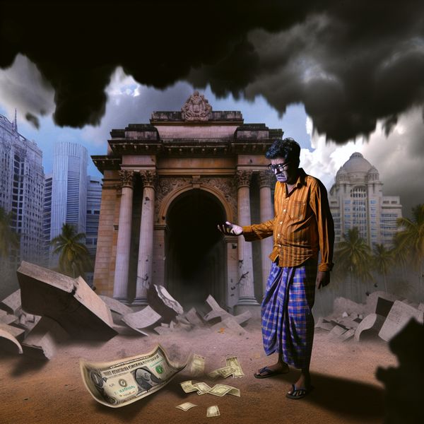 Man in Financiële Crisis Voor Monumentaal Gebouw Een man in een moeilijke situatie voor een instortend gebouw, met financiële problemen benadrukt door verspreide rekeningen en donkere wolken.