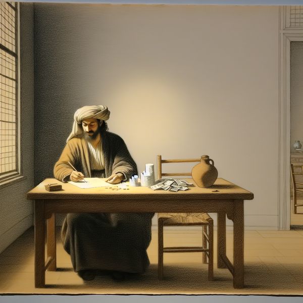 Man reflecteert op financiële verantwoordelijkheden Man schrijft in een notitieboekje terwijl hij zijn financiële verantwoordelijkheden reflecteert over een houten tafel met rekeningen en muntjes.