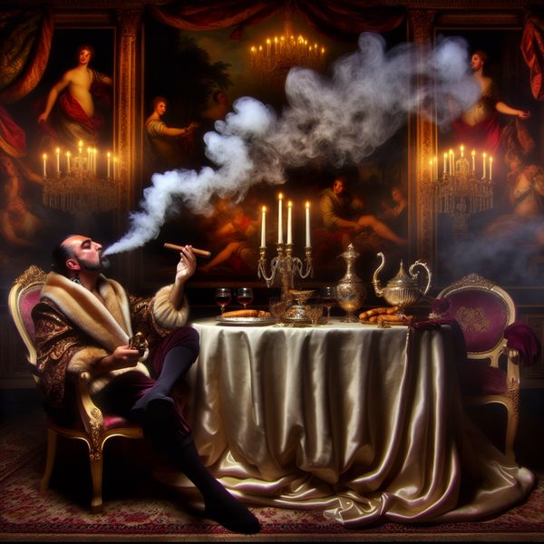 Barokke man met sigaar in elegante eetkamer Een man die in een luxueuze eetkamer leunt in een chaise longue, met een sigaar in zijn hand en warme kaarsverlichting om hem heen.