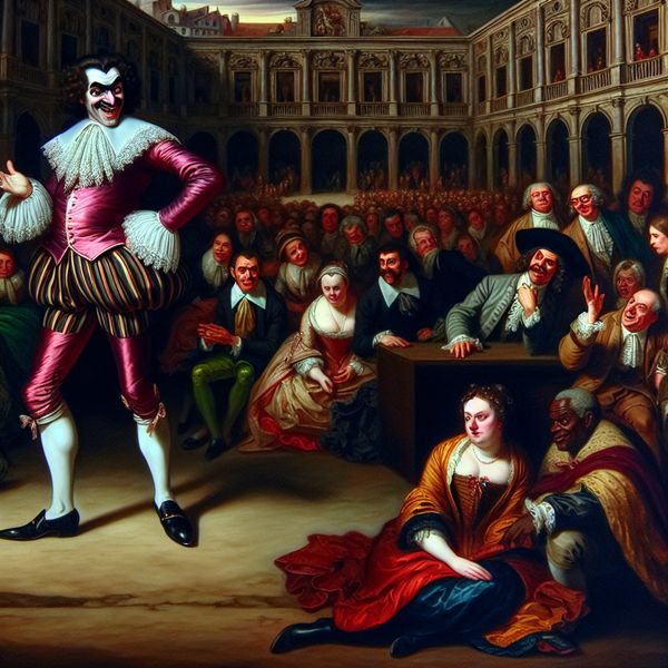 Man negeert publiek in Barokke setting Een man in Barokke kleding staat zelfverzekerd in een drukke publieke ruimte, negeert de negatieve blikken van omstanders.