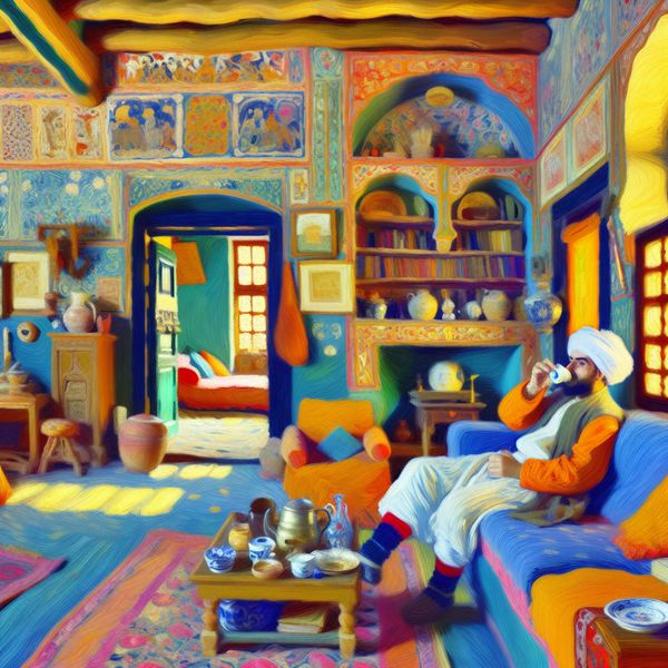 Man in mooi huis met koffiemoment Een man geniet van een kopje koffie in zijn grote, mooie huis, omringd door boeken en persoonlijke items.