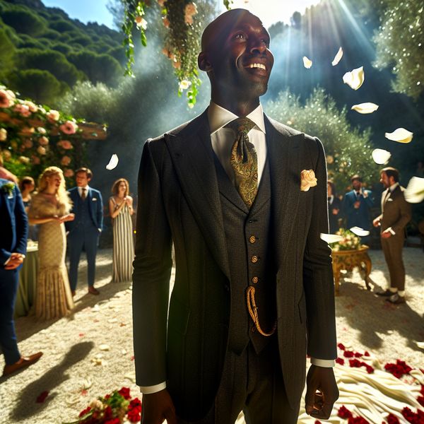 Formele gelegenheid met man in trouwkostuum en das Man in een klassiek trouwkostuum met een elegante das, staande in een prachtig buitenterrein omringd door groen.