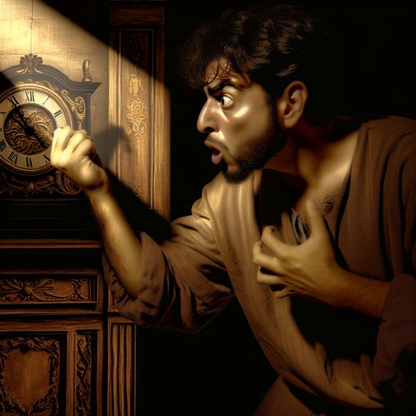 Man bekijkt vintage klok in schemerige kamer Een man in een schemerige kamer werpt een snelle blik op een vintage klok aan de muur, met schaduwen die zijn gezicht accentueren.
