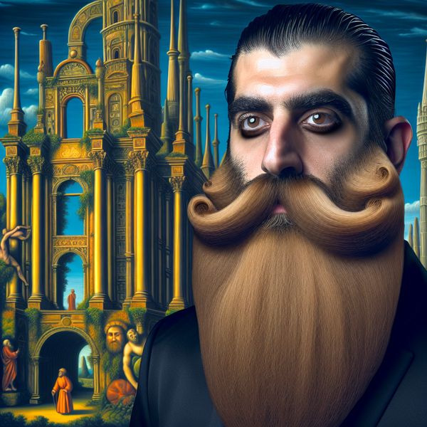 Hyper-realistische man met volle baard voor indrukwekkende architectuur Man met een volle, weelderige baard voor een monumentale architecturale achtergrond.
