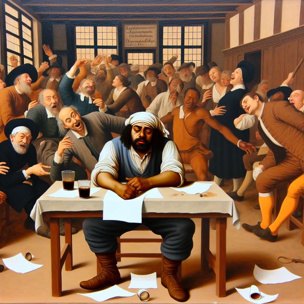 Moe na lange discussie - Jan Steen stijl Een man met een gefrustreerde uitdrukking, leunend op zijn handen aan een tafel vol papieren en lege koffiekoppen in een drukke kamer vol mensen die met elkaar praten.