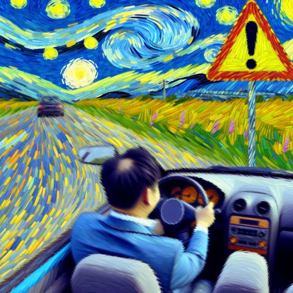 Man negeert waarschuwingsbord in Van Gogh-stijl Man die in zijn auto rijdt, onbewust van een groot waarschuwingsbord voor hem, geschilderd in de stijl van Vincent van Gogh.