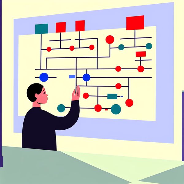Minimalistische illustratie van man die stamboom organiseert Man die een chaotische stamboom organiseert in gestructureerde segmenten met behulp van dikke lijnen en felle kleuren.