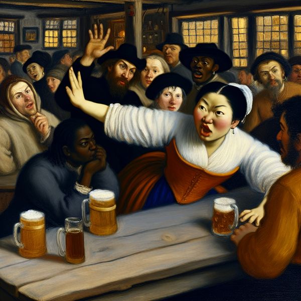 Man slaat op tafel in drukke herberg Een man slaat met zijn hand op een houten tafel in een drukke herberg, zijn gezichtsuitdrukking toont urgentie en enthousiasme.