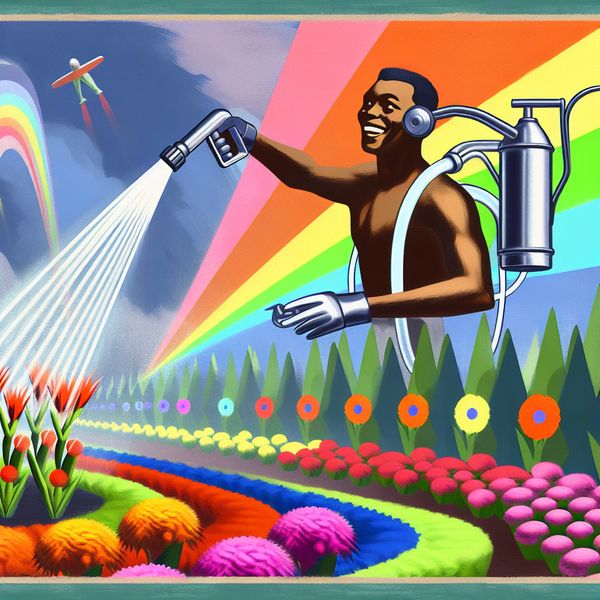 Een man spuit water op kleurrijke bloemen in een retro-futuristische tuin.