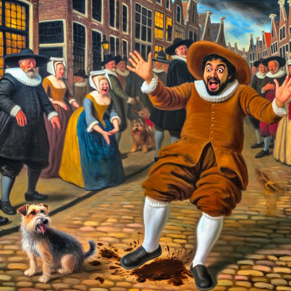 17e-eeuwse Nederlandse man stapt in hondenpoep op een levendige straat, geschilderd in de stijl van Frans Hals