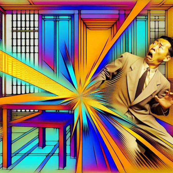 Man stoot teen en vloekt in retro-futuristische kamer Man die zich de teen stoot tegen een tafel, met een geschrokken en gefrustreerde uitdrukking op zijn gezicht