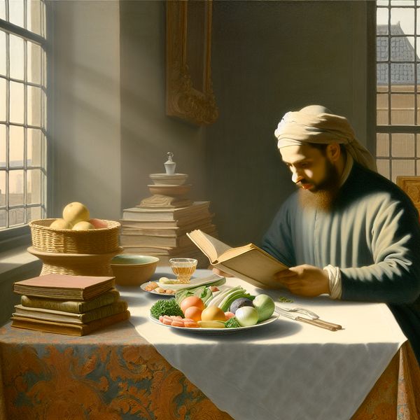 Studerende man aan een eettafel over gezonde voeding Een man verdiept in zijn voeding aan een stijlvol gedekte eettafel met boeken over gezondheid en voeding rondom hem.