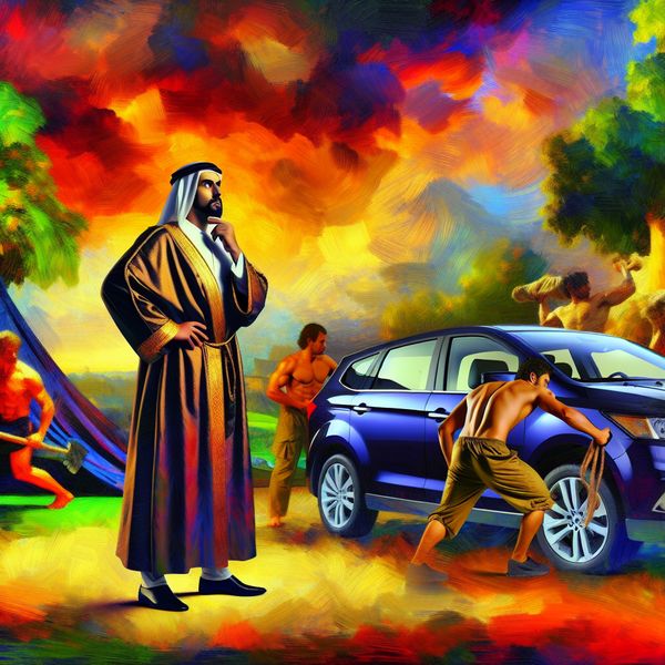 Trots op de Aankoop: Barokke Scene met Man en Auto Een man in rijke kleding staat trots naast een gloednieuwe auto in een weelderig barok landschap met een dramatische lucht.
