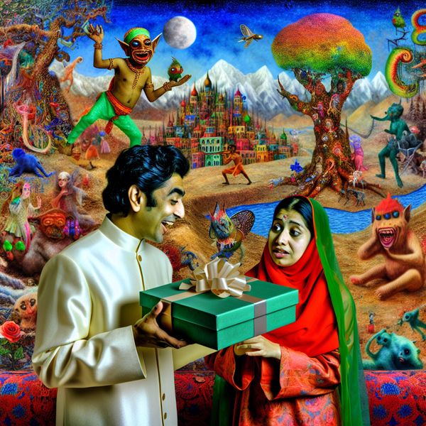 Man verrast vrouw met cadeau in surrealistisch landschap Een man verrast zijn vrouw met een mooi ingepakt cadeau in een surrealistisch landschap vol vreemde creaturen.