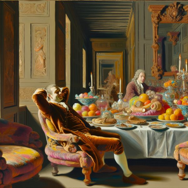 Man zit aan eettafel in Barok interieur Een man zit ontspannen aan een eettafel met een overvloedige maaltijd in een luxueuze, Barokke interieur.