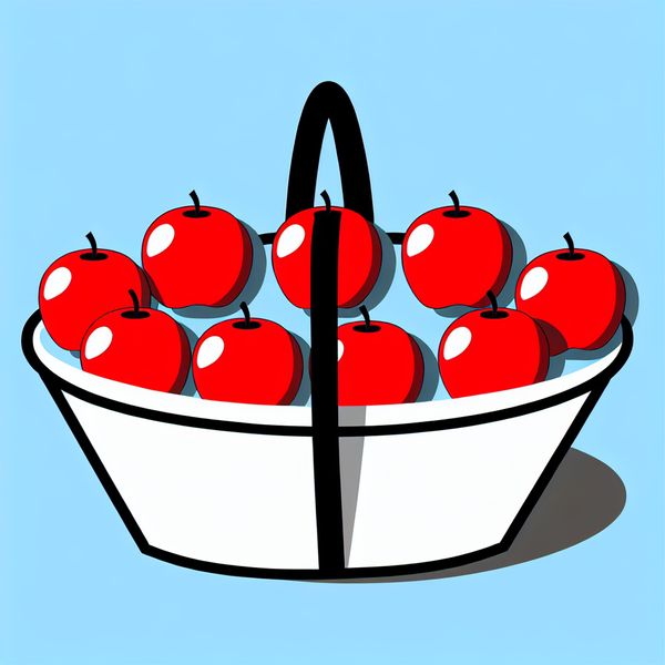 Acht rode appels in mand - tellen en rekenen voor kinderen Minimalistische illustratie van een witte mand met acht rode appels, geschikt voor tellen en rekenen met het getal acht