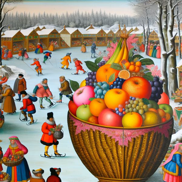 Een kleurvolle mand gevuld met verschillende soorten fruit zoals appels, sinaasappels en druiven, op een wintermarkt terwijl mensen in winterkleding genieten van het winterseizoen.