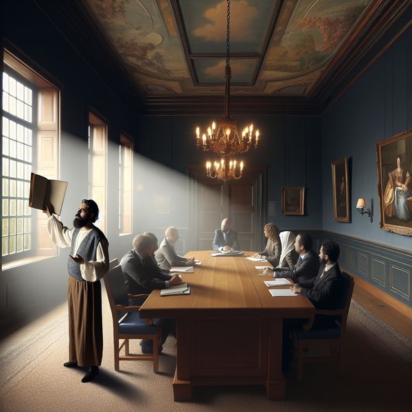 Mandaat in een Elegante Boardroom Een zelfverzekerde persoon spreekt met collega's in een dim verlichte boardroom met een luxe uitstraling.